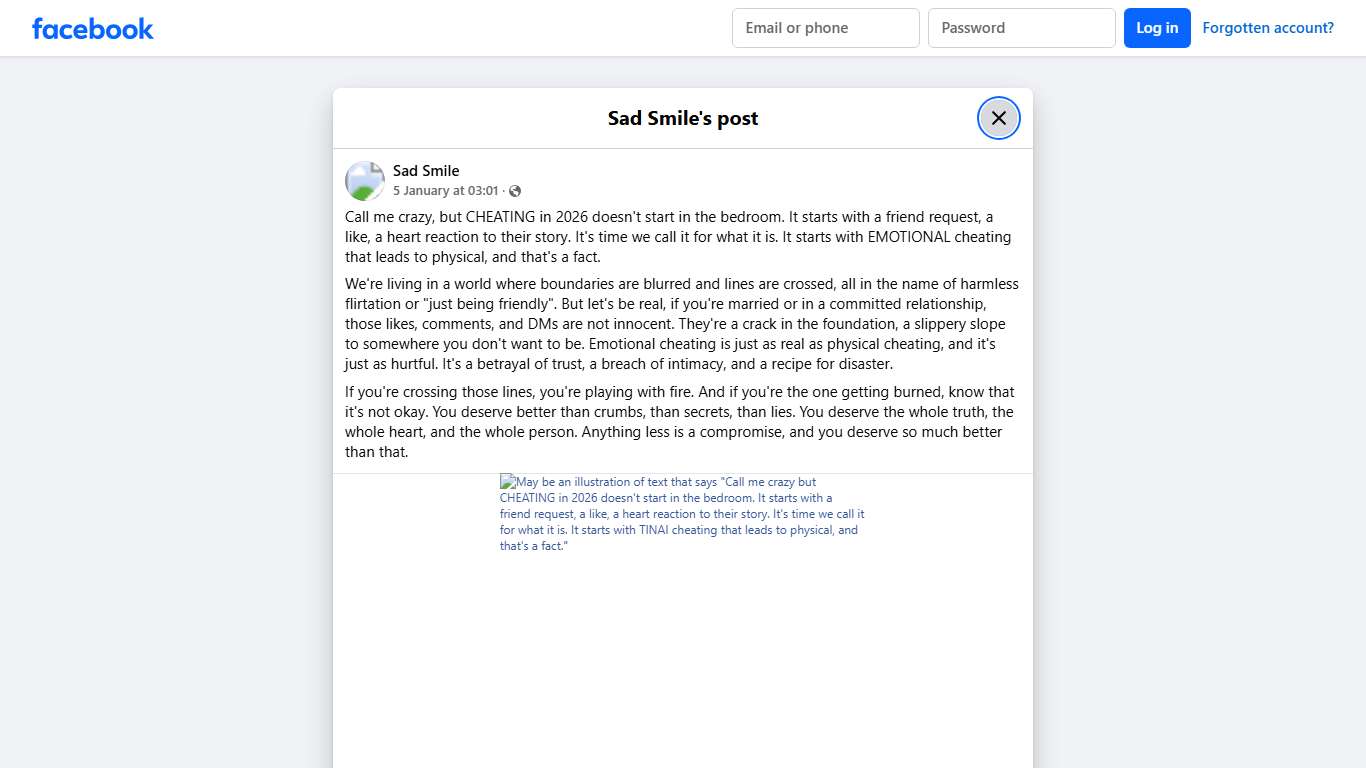 Sad Smile - Call me crazy, but CHEATING in 2026 doesn't... Facebook